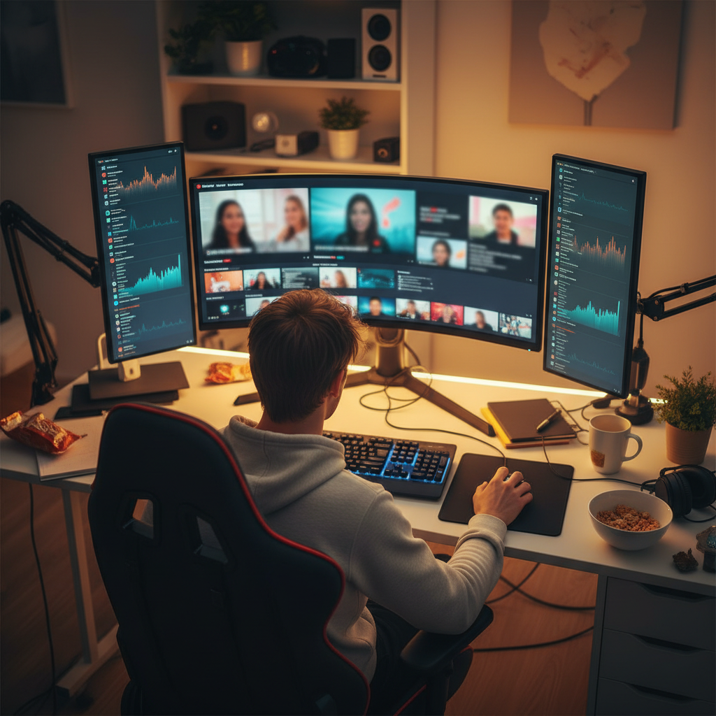 Video creator at a multi-monitor desk reviewing thumbnails and analytics related to clickbait headlines examples