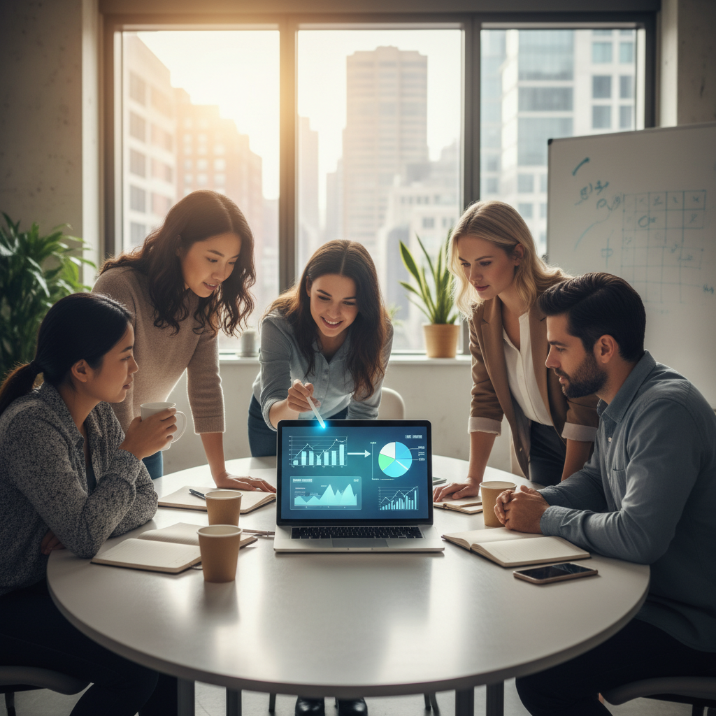 Small team gathered around a laptop reviewing A/B test results for clickbait headlines examples