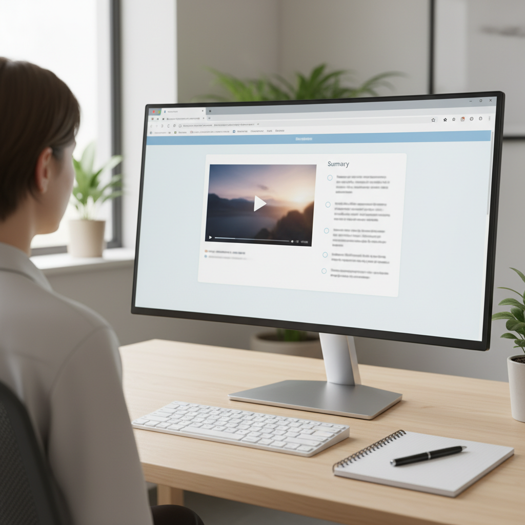 Desktop monitor showing a generic video page with a youtube summary extension panel on the right