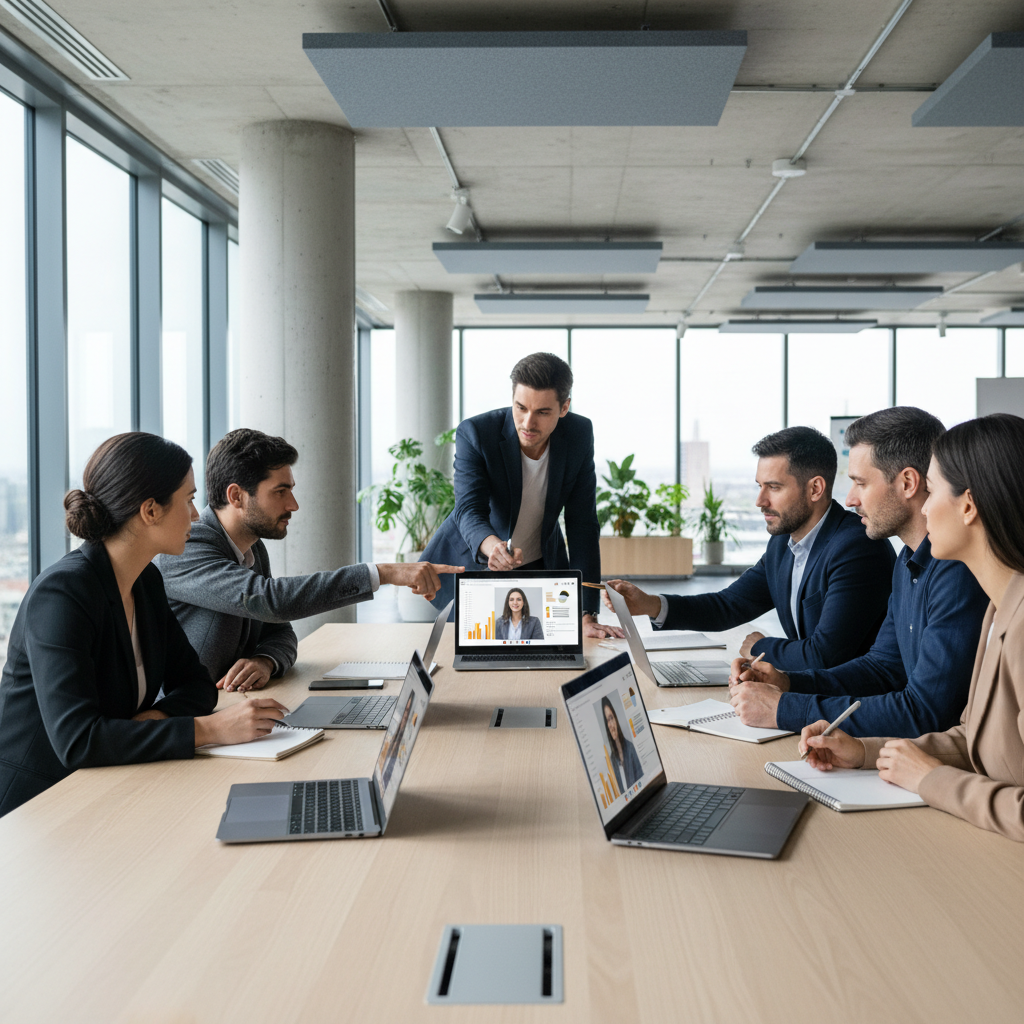 Team comparing different youtube summary extension options on laptops around a meeting table