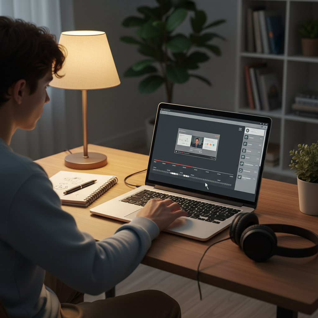 Student using a youtube summary extension on a laptop to jump between key moments in a long video
