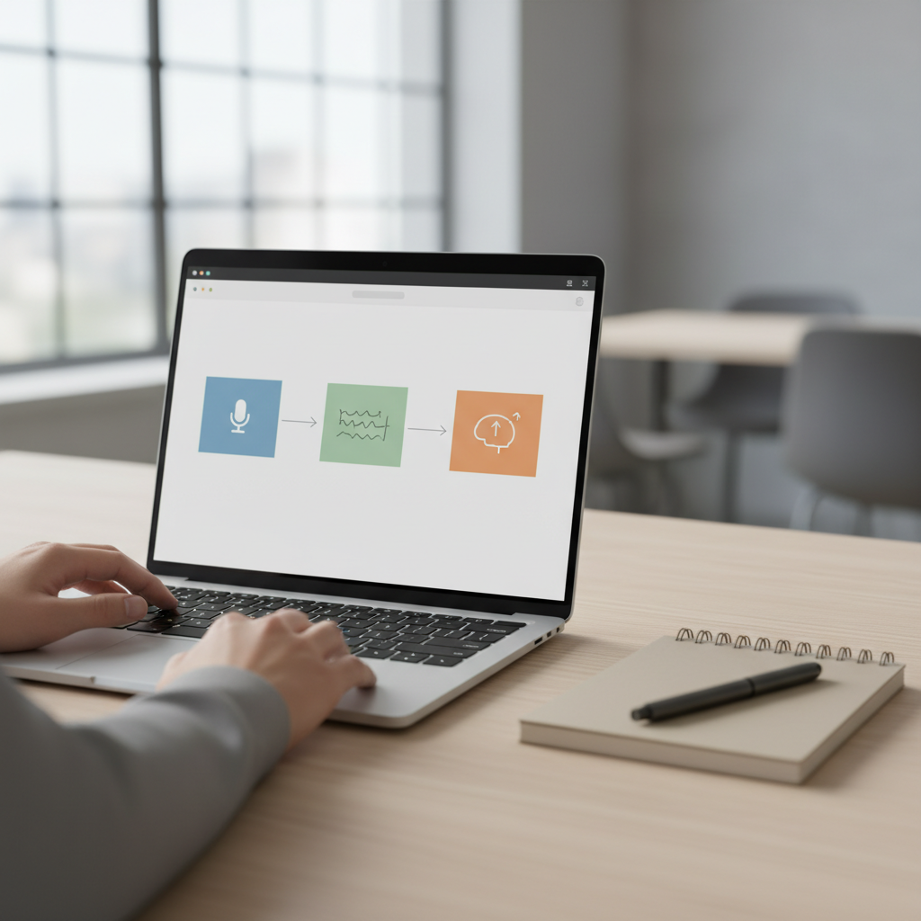 Laptop showing a three-step workflow for recording, transcript, and AI webinar summary