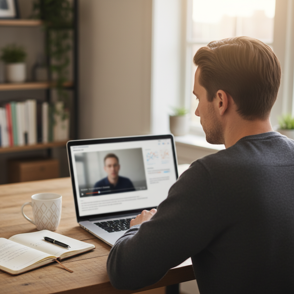 Marketer reviewing a webinar replay with notes and analytics on a laptop