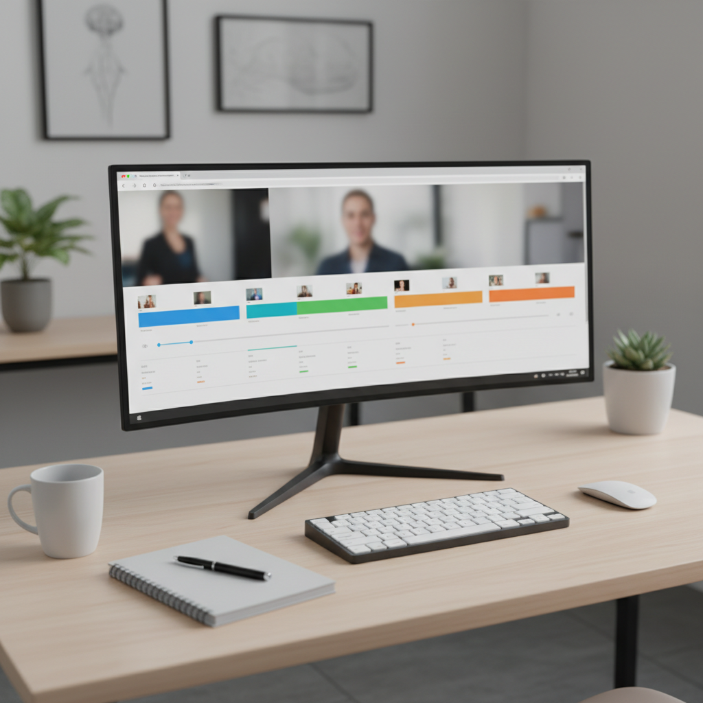 Desktop monitor displaying a video timeline with colored segments for webinar summarizer highlights