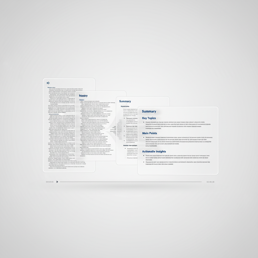 Concept illustration of transcript text being condensed into a shorter summarized outline with timestamps
