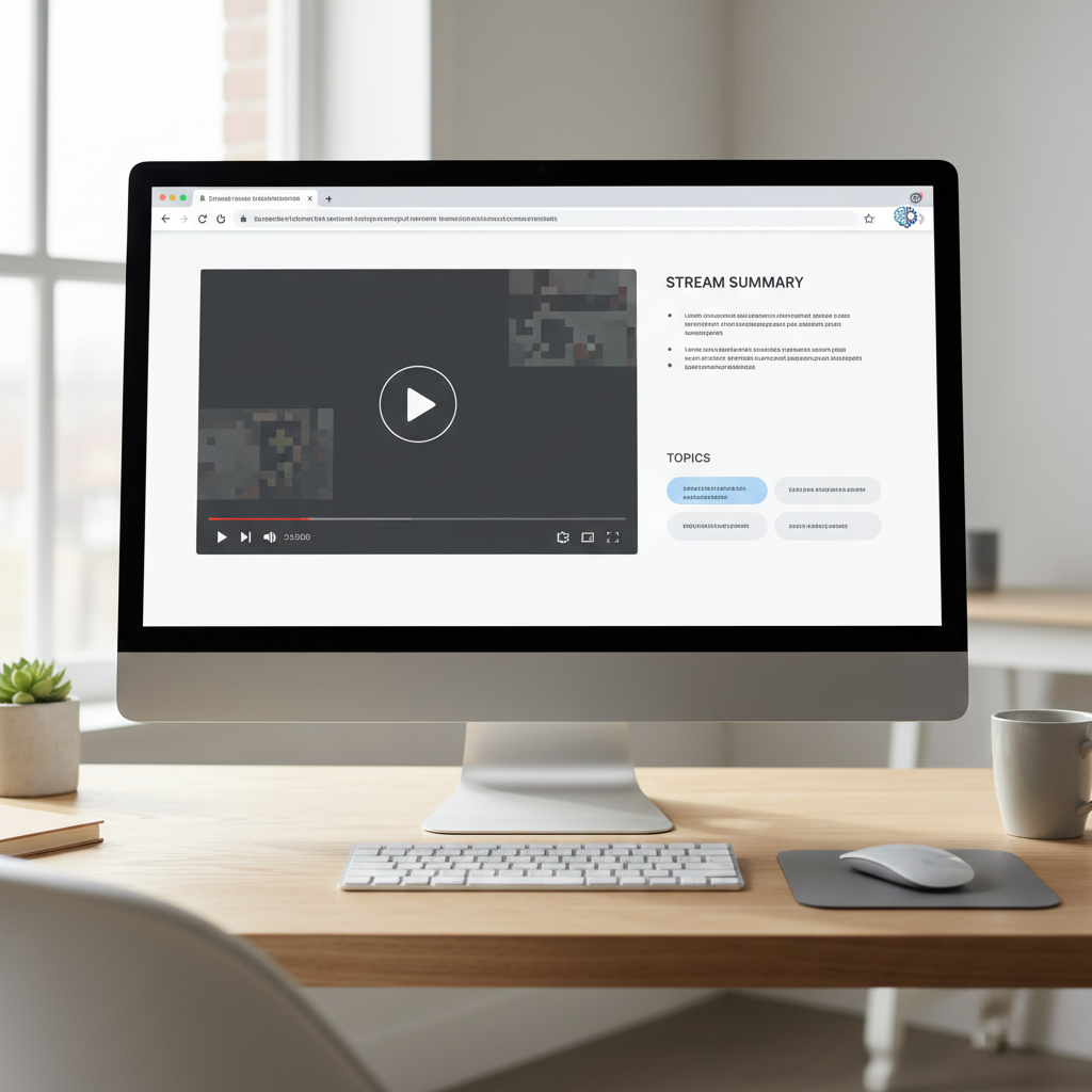 Computer monitor showing a browser with a video player and summary sidebar, illustrating a YouTube stream summarizer workflow