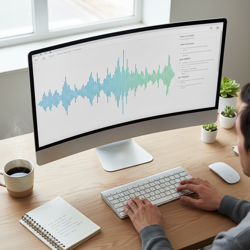Overhead view of a desk with a monitor showing a podcast waveform and structured AI notes