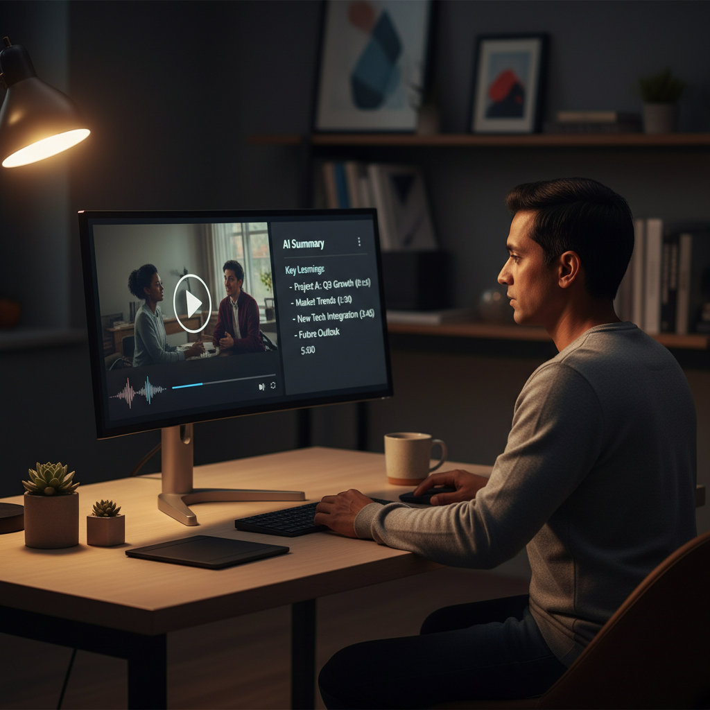 Person at a desk viewing a video podcast with an AI summary panel on a widescreen monitor