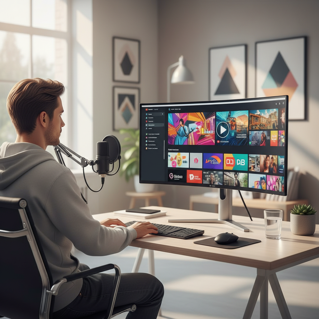 Creator at a desk reviewing video thumbnails and analytics on a large monitor