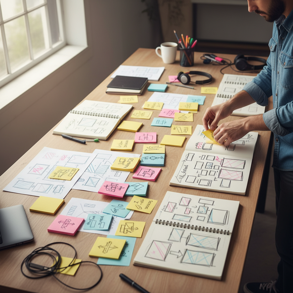 Creative workspace table with sticky notes and sketchbooks for video title ideas