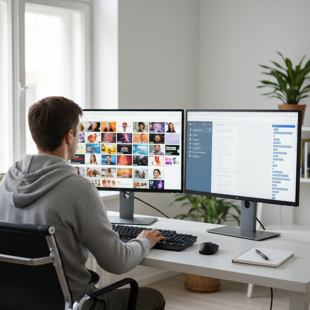 Person at a desk comparing a cluttered screen of video thumbnails with a clean summary and timeline on another monitor