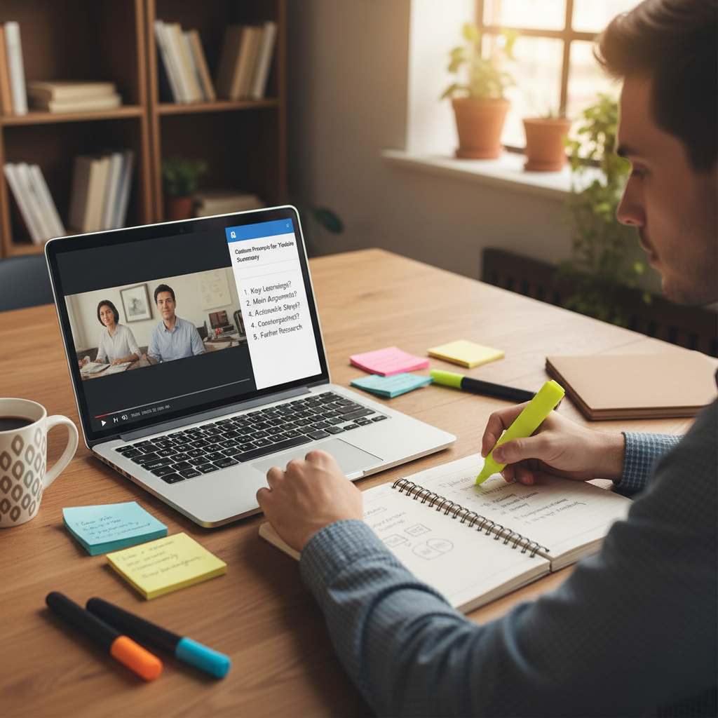 Person working at a laptop with a notebook and sticky notes while reviewing a summarized video