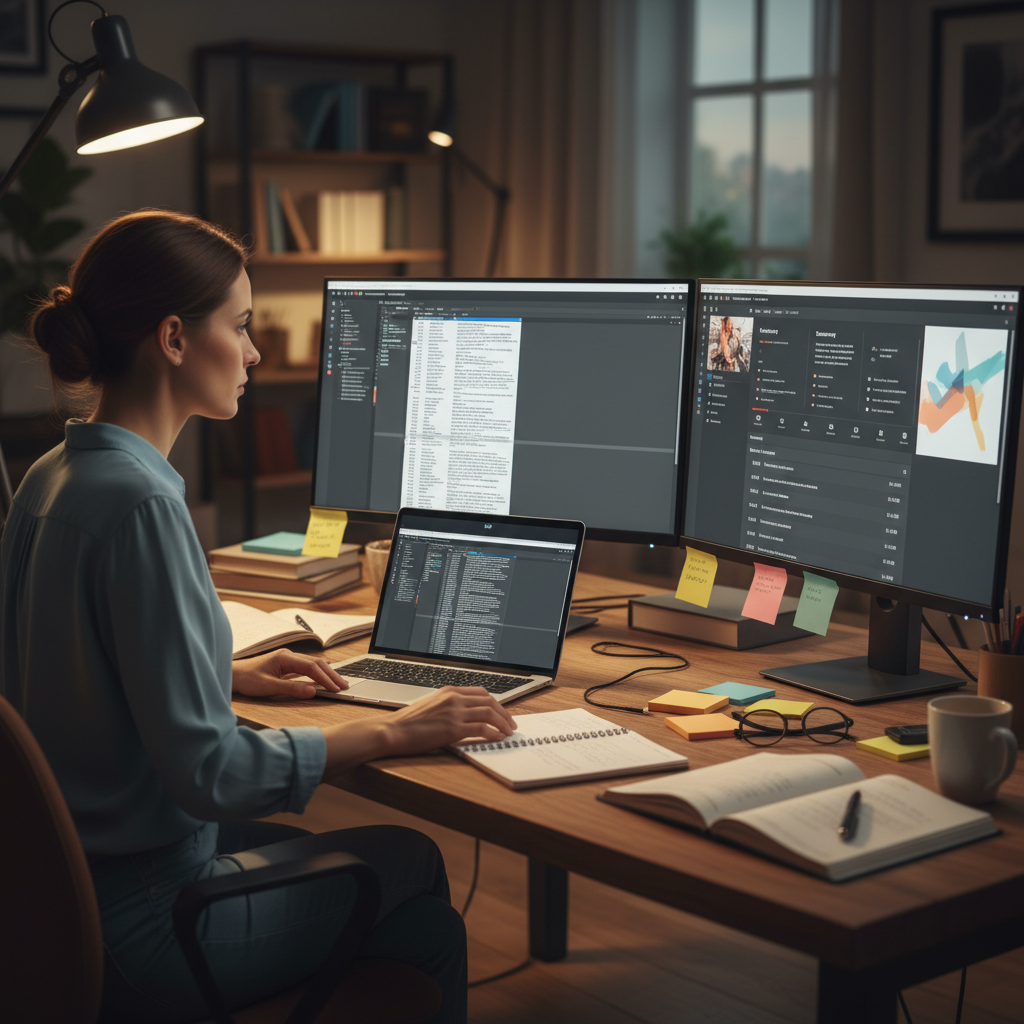 Researcher comparing a long transcript with a concise video summary on dual monitors