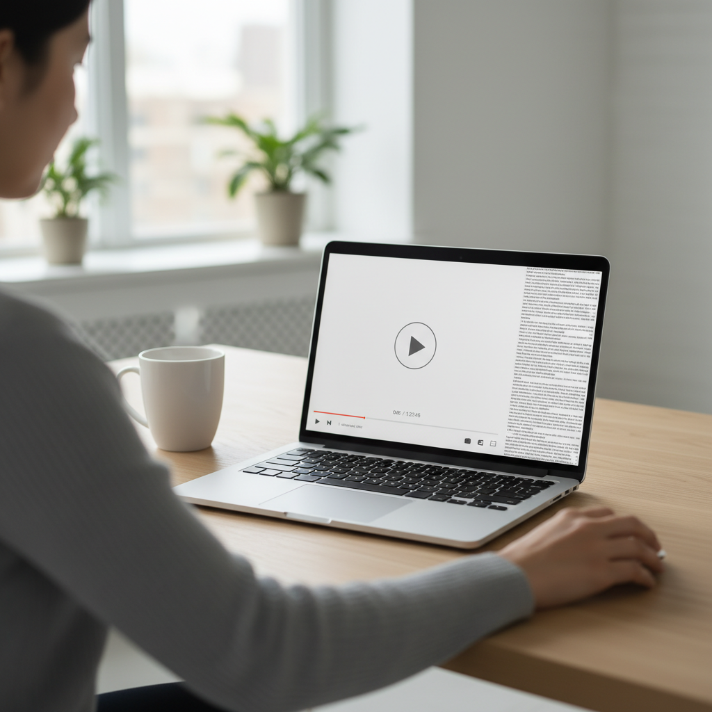 Person using a YouTube transcript generator while watching a long online video at a modern desk