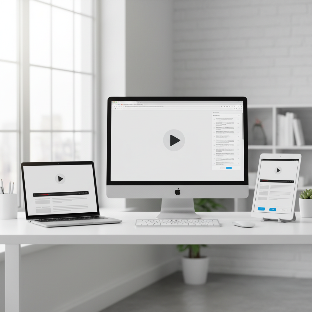 Devices showing built-in, browser-based, and web app YouTube transcript generator interfaces side by side