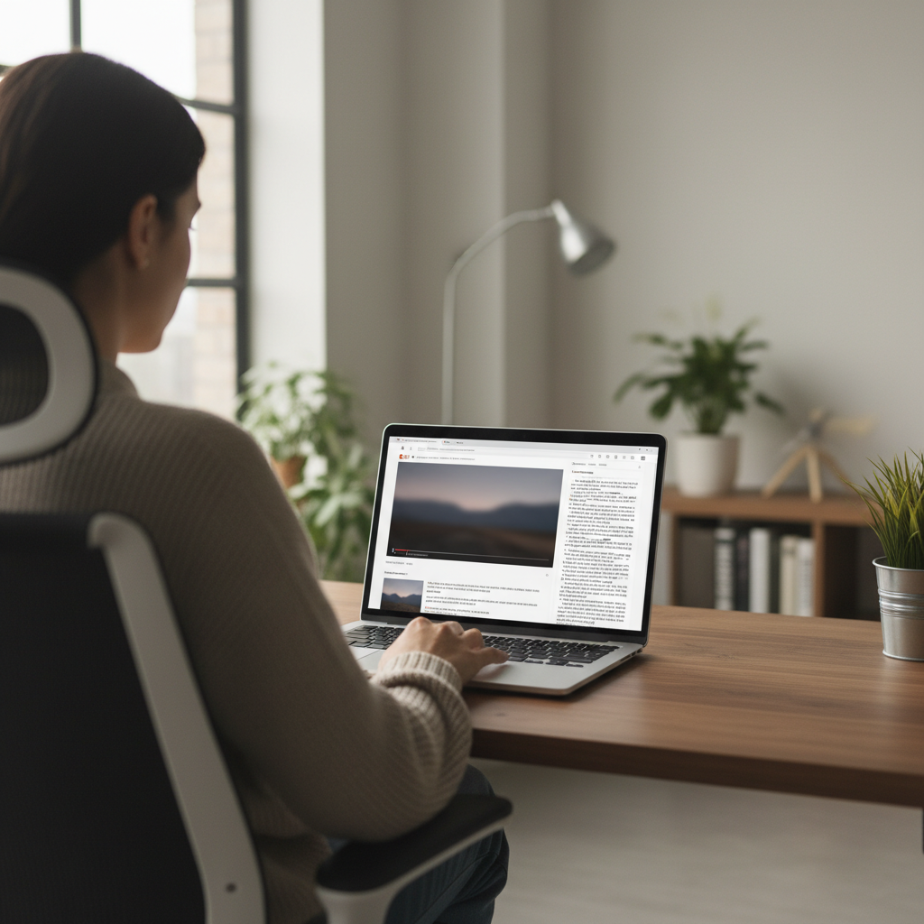 Person at a laptop viewing a video page with a transcript panel beside the player