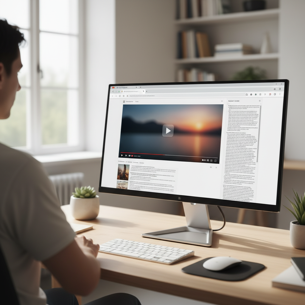 Desktop monitor showing a video page in a browser with an open transcript panel