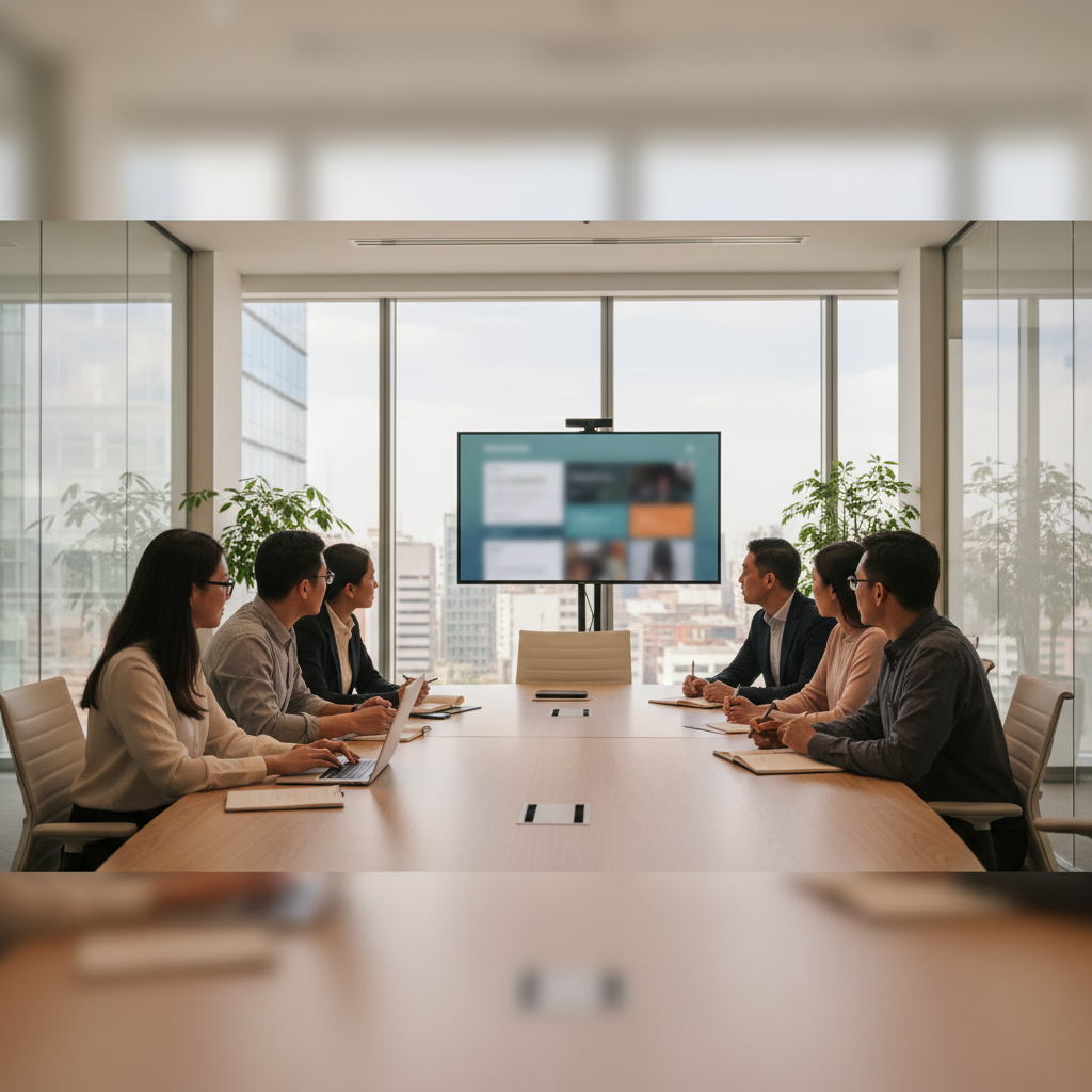 Team of professionals in a meeting room reviewing summarized webinar playlists on a large screen