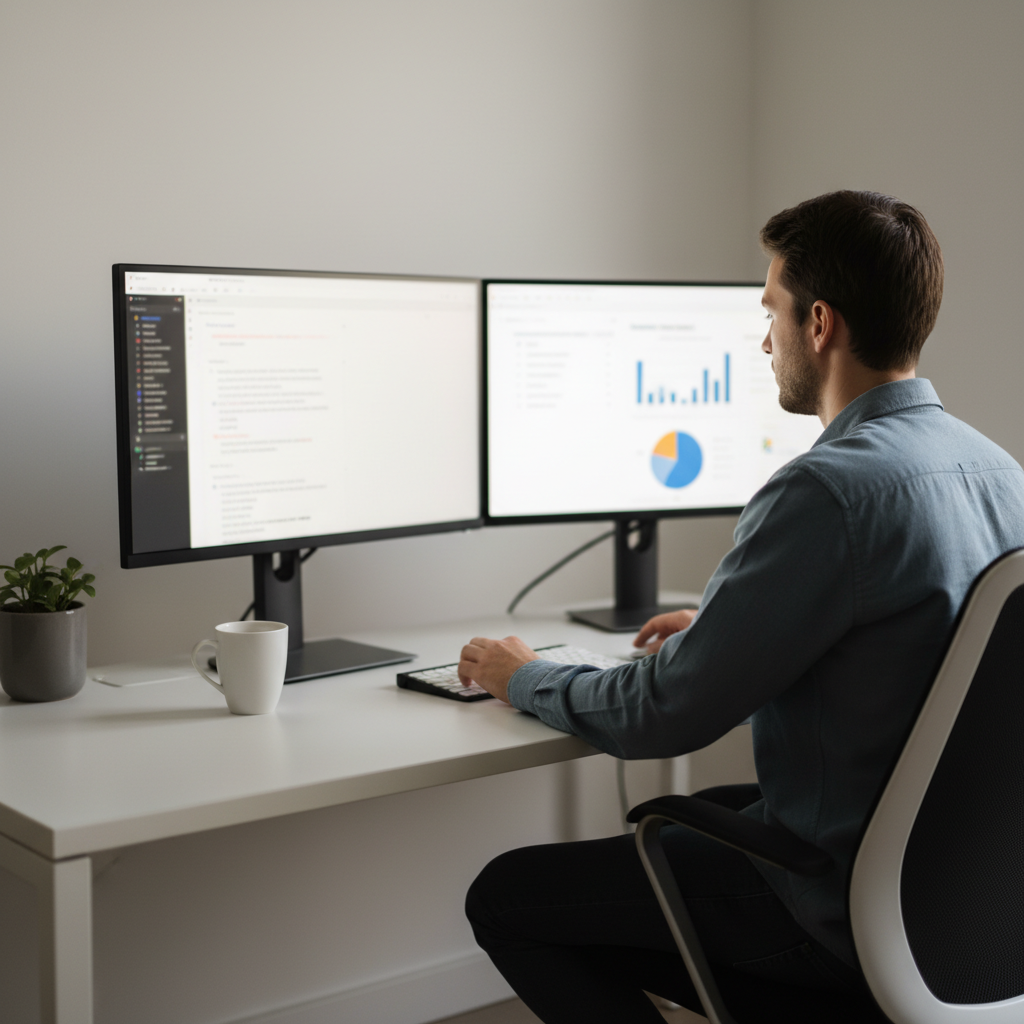 Person working at a desk with dual monitors showing transcripts and structured notes to represent an AI playlist summarizer workflow