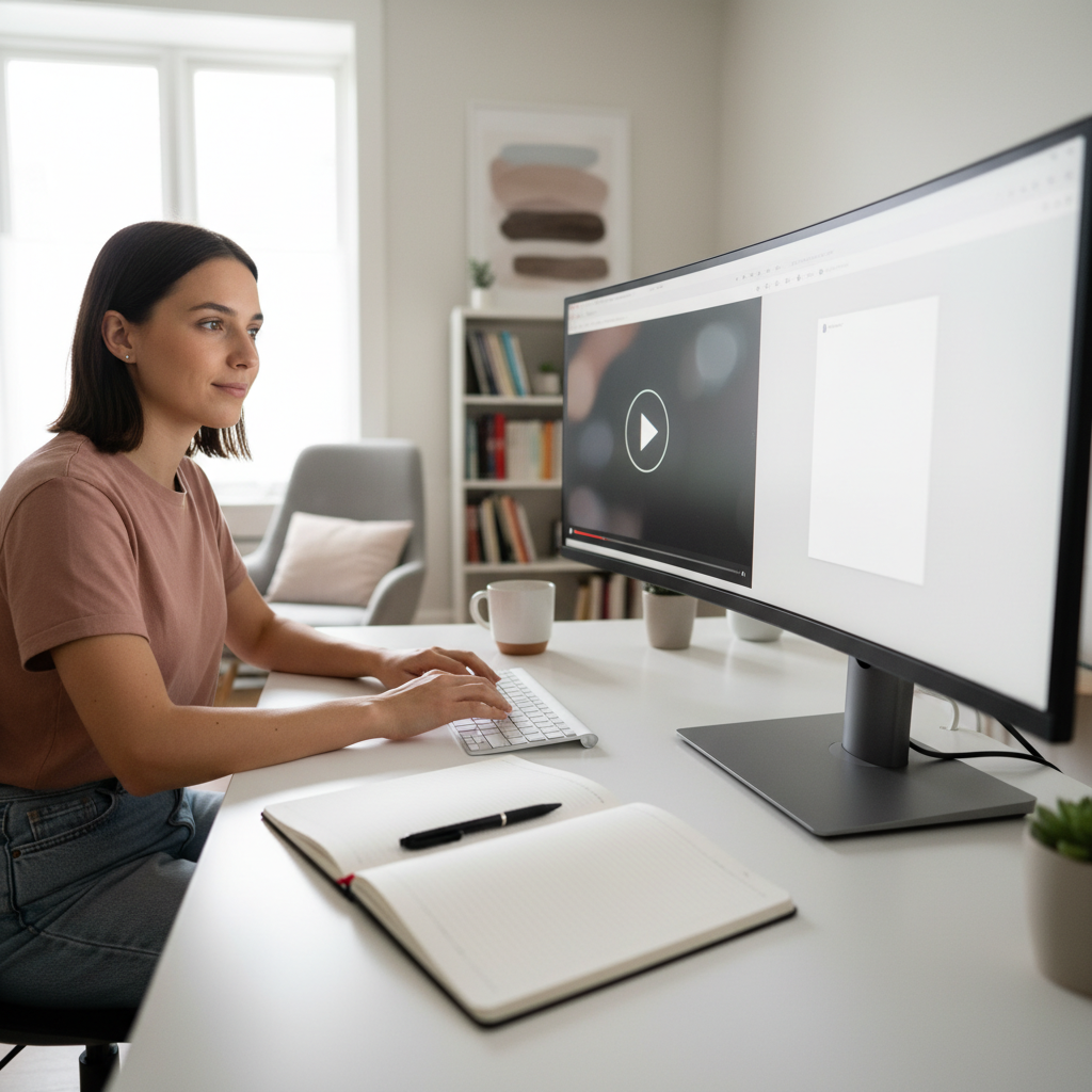 Content creator at a desk turning a video on a laptop into a written blog post