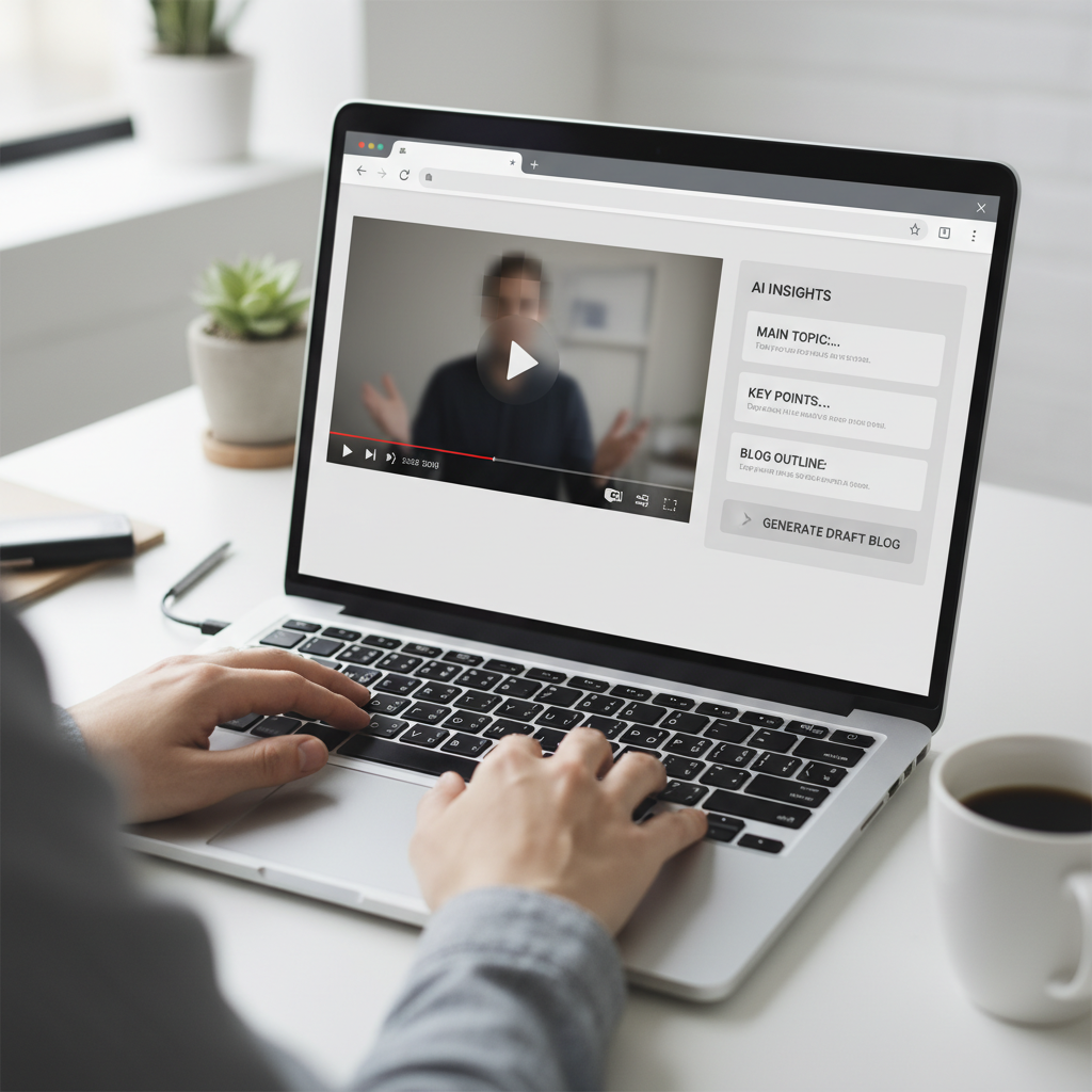 Laptop with a browser showing a video and an AI assistant side panel summarizing key points