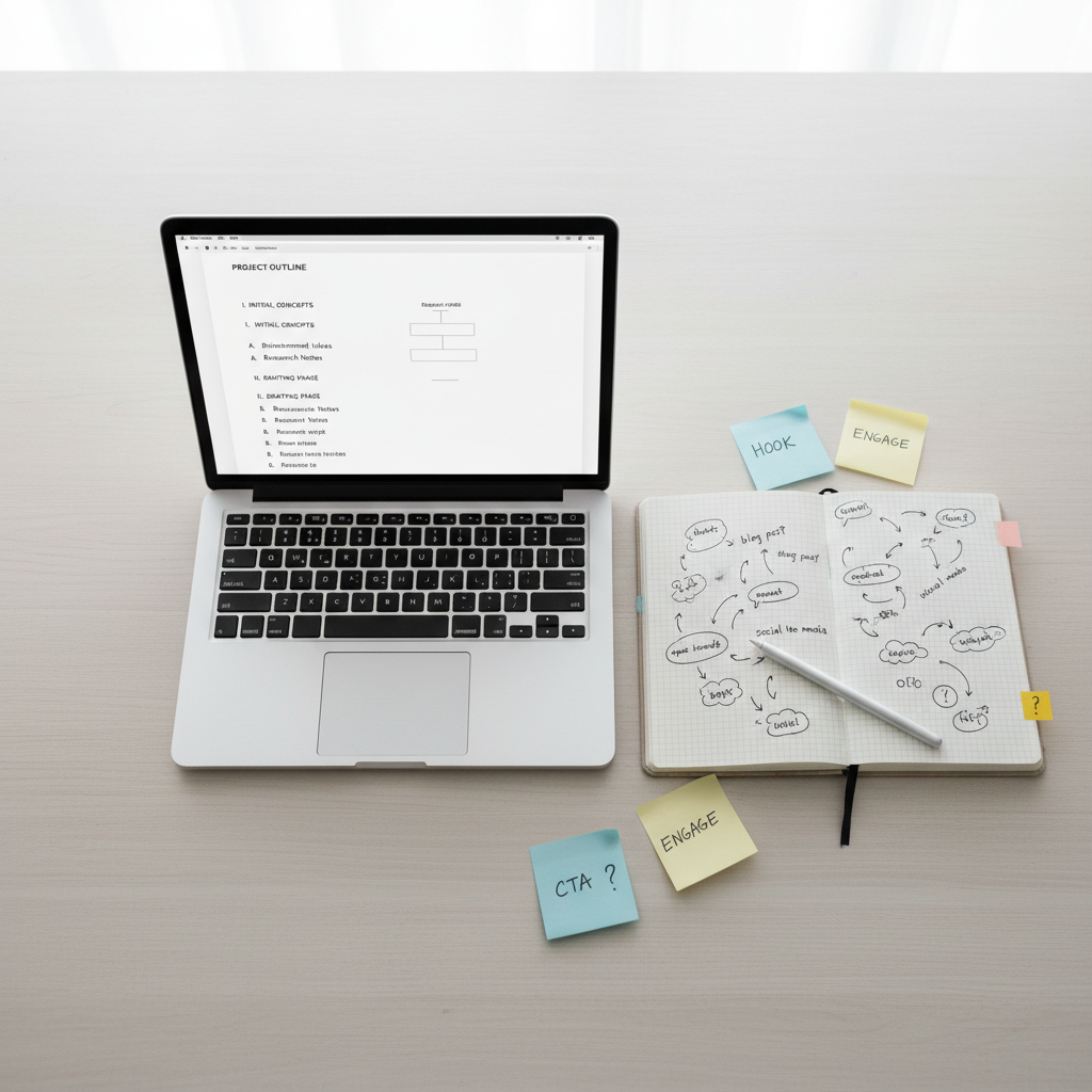 Overhead view of a laptop and notebook on a desk with a rough outline and notes
