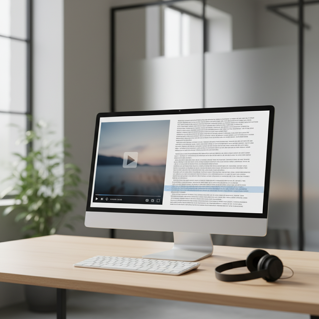 Computer monitor showing a video player beside a scrolling transcript on a clean desk