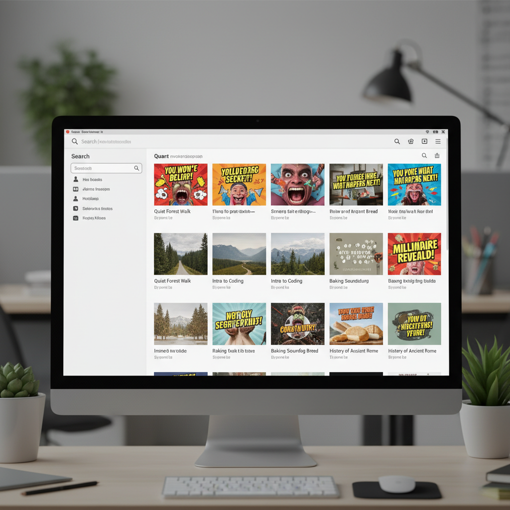 Computer monitor showing a generic video platform page with a mix of flashy and straightforward titles