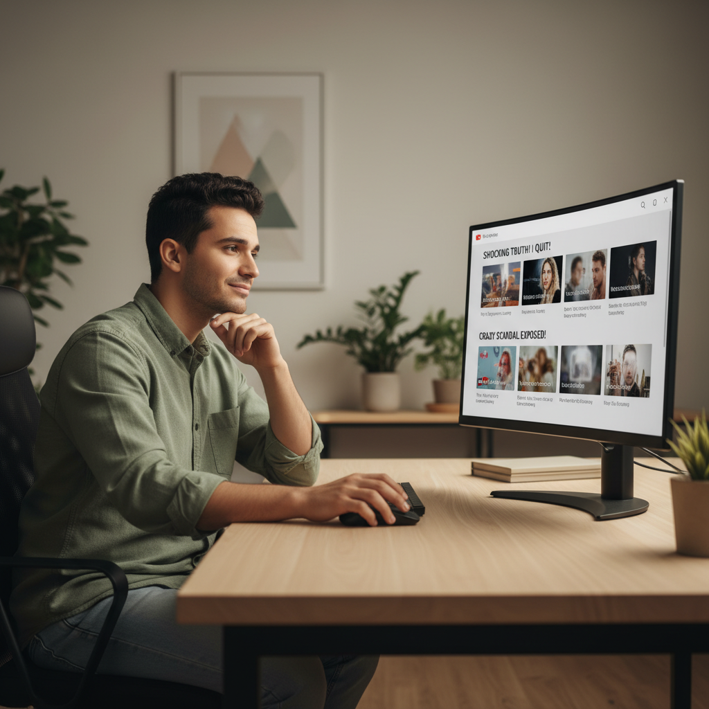 Content creator at a desk looking at video titles on a screen, choosing between dramatic and honest headlines