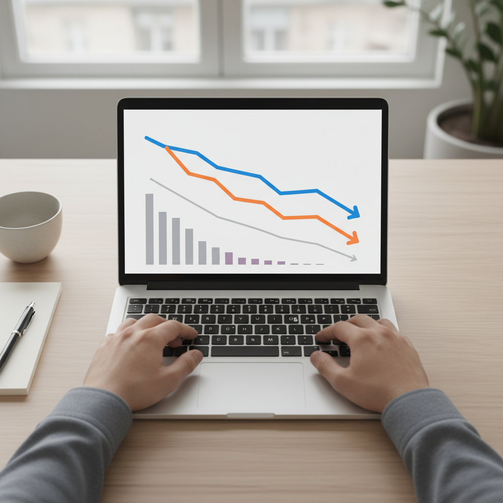 Laptop showing a generic analytics dashboard with a spike followed by declining performance