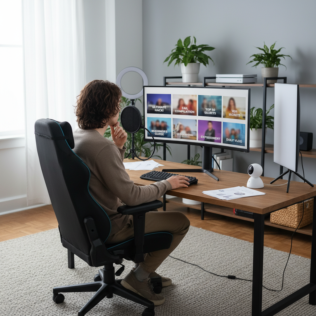 Video creator at a desk reviewing a grid of video thumbnails and titles on a large monitor