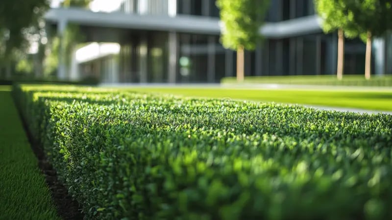 Close-up of neatly trimmed hedge with blurred modern building and trees in the background.