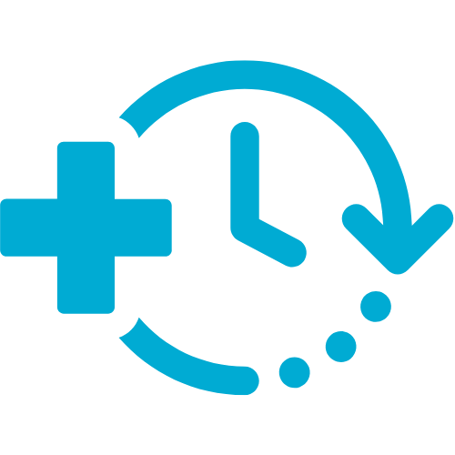 Blue icon consisting of a clock with a plus sign, and arrow as the top right of the clock perimeter, and three dots as the bottom right of the clock perimeter. Representative of TPG Consulting's hands-on expertise in incident response and recovery.