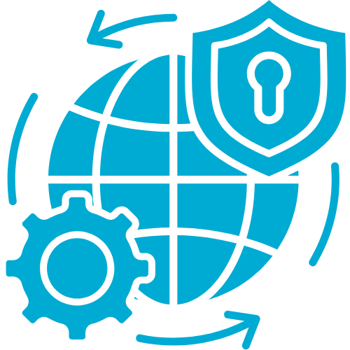 Blue icon consisting of a globe, a lock, and a gear with the arrows pointing one way around the globe between the lock and the gear. Representative of TPG Consulting's hands-on expertise in managed security services.