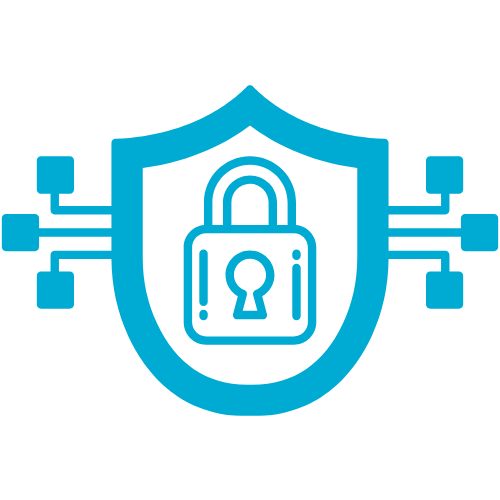 Blue icon consisting of a lock within a shield and three network connections branching off each side of the shield on the left and right. Representative of TPG Consulting's hands-on expertise in zero trust architecture.