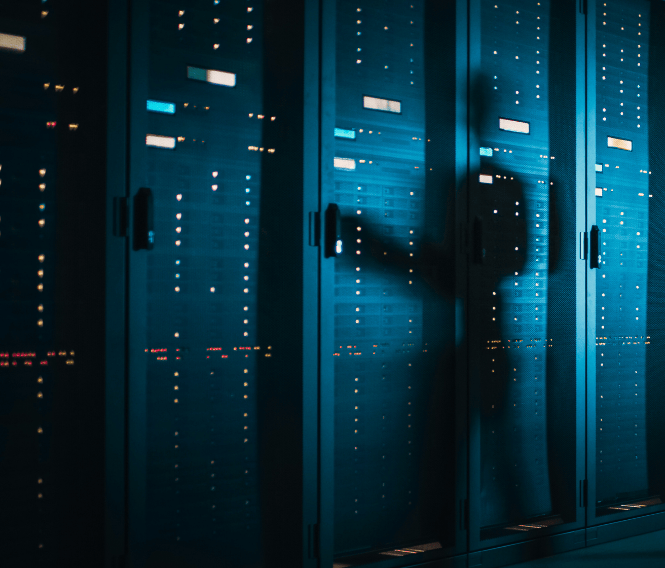 Shadow of a TPG Consulting cybersecurity expert on a server farm.