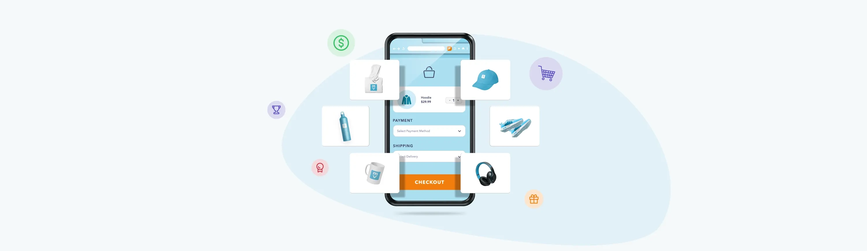 Employee rewards and company swag in a mobile company store.