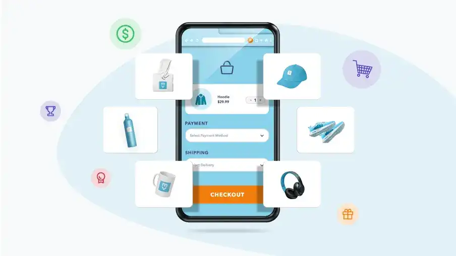 Employee rewards and company swag in a mobile company store.