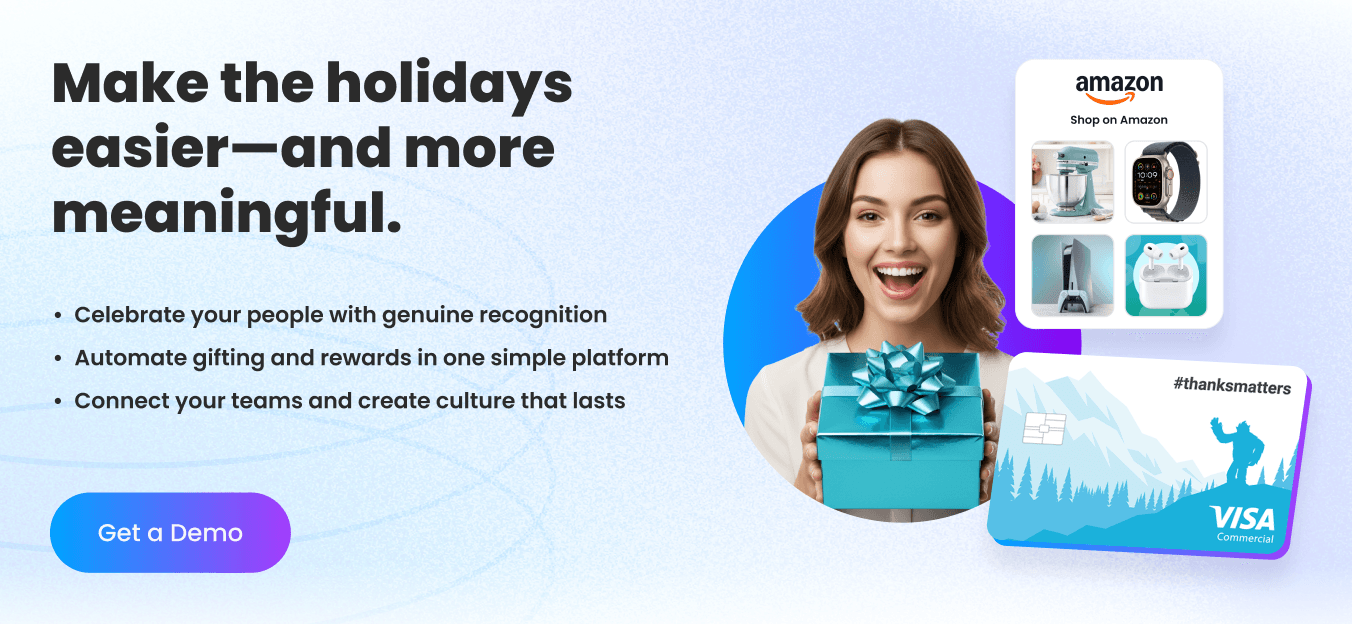 Woman at work holding a gift box and using Motivosity for employee rewards.