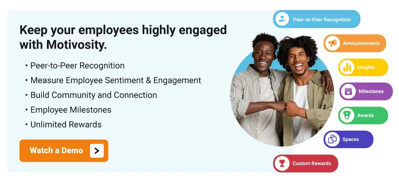 Callout to use Motivosity to increase employee engagement and automate employee recognition programs.