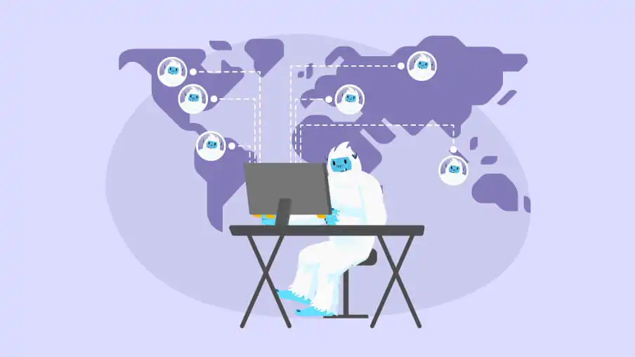 Remote employee working at a desk with a global background representing a global workforce.