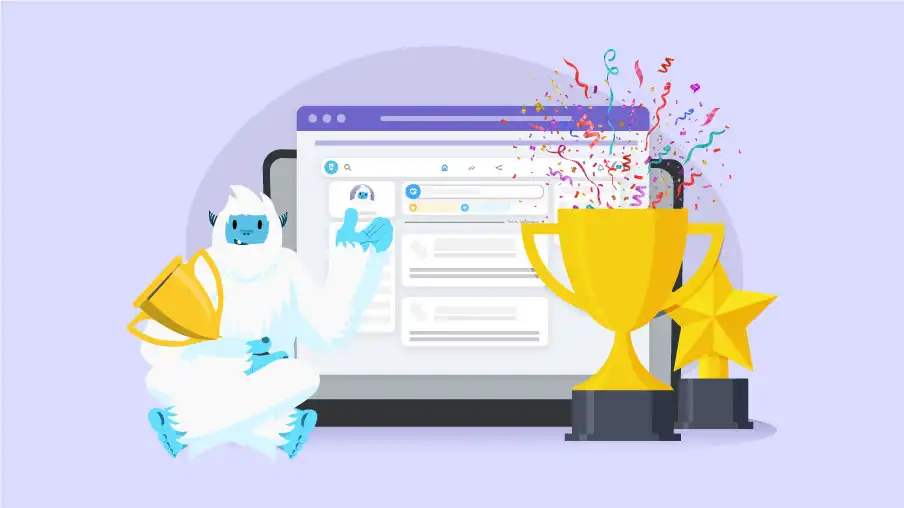 Employee recognition and rewards platform on a computer accompanied by an employee award and employee trophy.