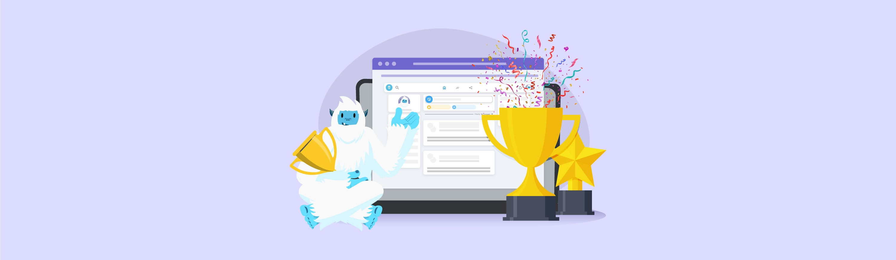 Employee recognition and rewards platform on a computer accompanied by an employee award and employee trophy.