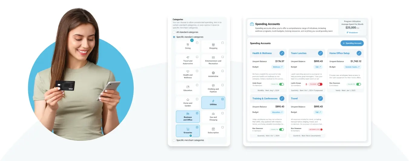 Image of lifestyle spending accounts in Motivosity and an employee redeeming her employee rewards.
