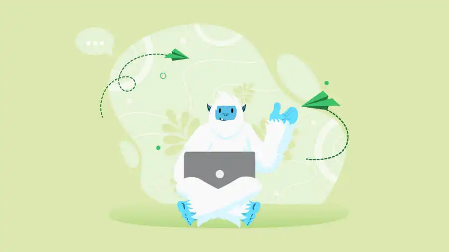 An employee working on a laptop surrounded by elements of employee engagement, like internal communications, employee engagement, and employee rewards.