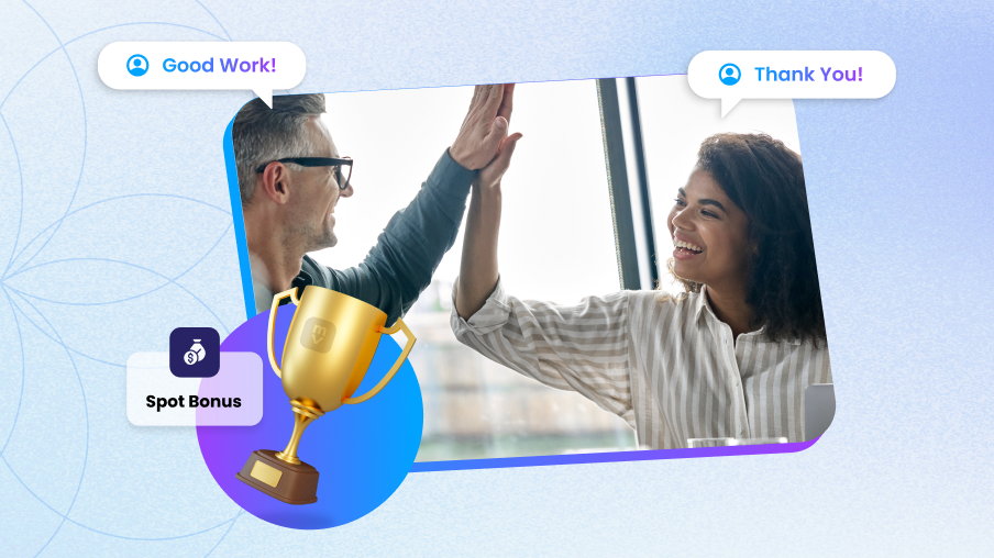 Coworkers high-fiving with Spot Bonus trophy and employee recognition messages in Motivosity.