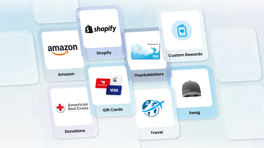 Motivosity employee rewards marketplace featuring Amazon, Shopify, gift cards, ThanksMatters Visa, travel, swag, donations to American Red Cross, and custom rewards options