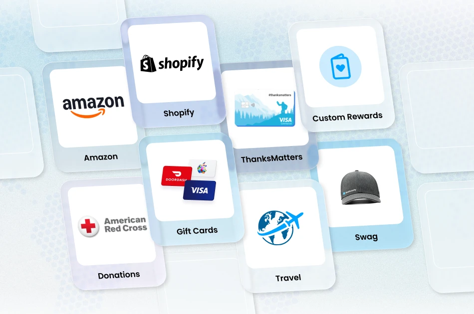 Motivosity employee rewards marketplace featuring Amazon, Shopify, gift cards, ThanksMatters Visa, travel, swag, donations to American Red Cross, and custom rewards options
