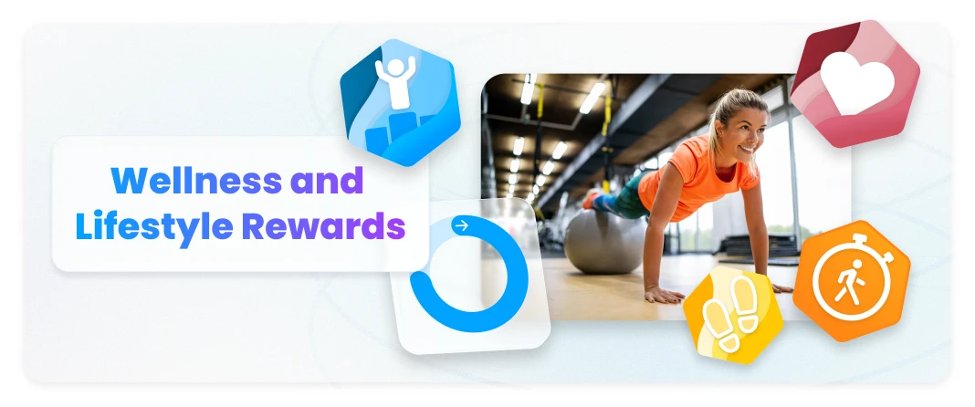 Motivosity wellness and lifestyle rewards program featuring fitness tracking badges including steps, active minutes, and health goals to support employee wellbeing