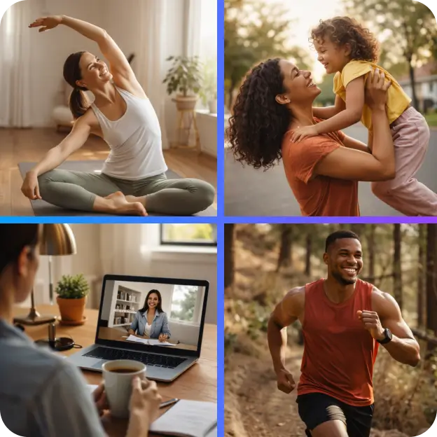 Employees balancing work and life through wellness, family time, remote work, and physical activity